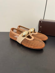 ALAIA BALLET FLATS IN COPPER BROWN MESH FISHNET WITH GOLD HARDWARE