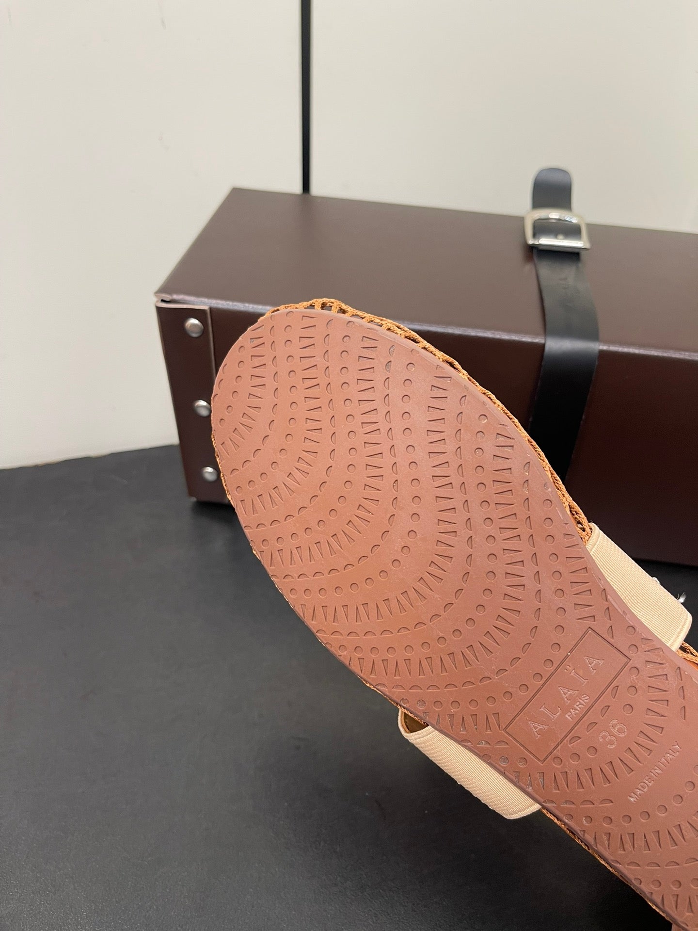 ALAIA BALLET FLATS IN COPPER BROWN MESH FISHNET WITH GOLD HARDWARE