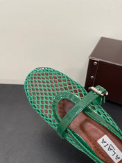 ALAIA BALLET FLATS IN COOL GREEN MESH FISHNET