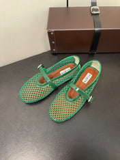 ALAIA BALLET FLATS IN COOL GREEN MESH FISHNET