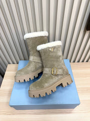 PRADA 25S MARTIN BOOTS IN BEIGE GRAY SUEDE FUR-LINED