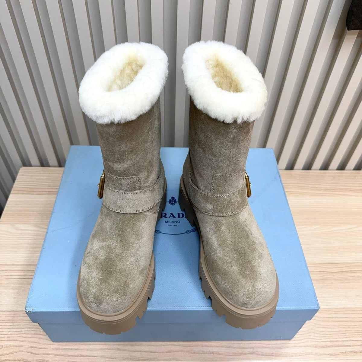 PRADA 25S MARTIN BOOTS IN BEIGE GRAY SUEDE FUR-LINED