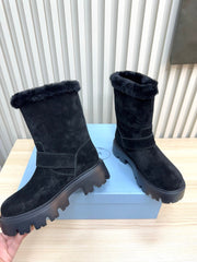 PRADA 25S MARTIN BOOTS IN DARK NAVY BLUE SUEDE FUR-LINED