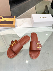 CHLOÉ HLOE MARCIE SLIDE IN UMBER BROWN CALFSKIN WITH GOLD HARDWARE