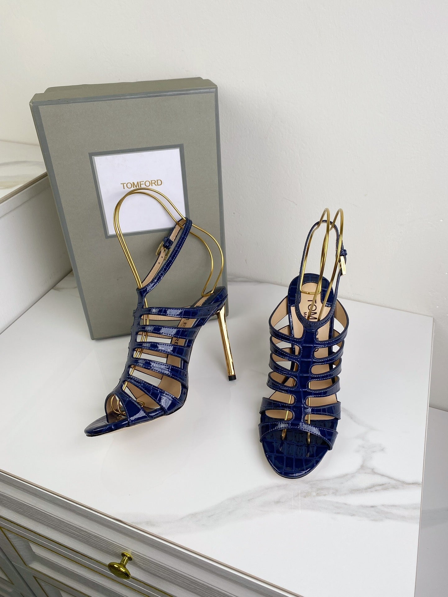 HIGH SANDAL 10 CM IN NAVY BLUE CALFSKIN