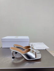 DIOR 26S KITTEN HEEL MULE SANDALS IN SILVER CALFSKIN WITH LOGO
