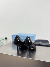 PRADA 26S POINTED TOE PUMPS 75MM IN BLACK PATENT CALFSKIN