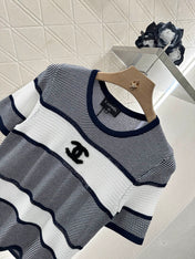 Chanel 25 T-shirt Black White Patchwork Knitted Crewneck