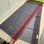 STRIPED SCARF 200 CM IN DARK GRAY CASHMERE WITH EMBROIDERED BEE 398533