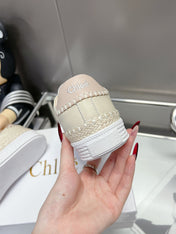 CHLOÉ TELMA LACE-UP SNEAKER IN CREAM BEIGE LAMBSKIN AND RAFFIA