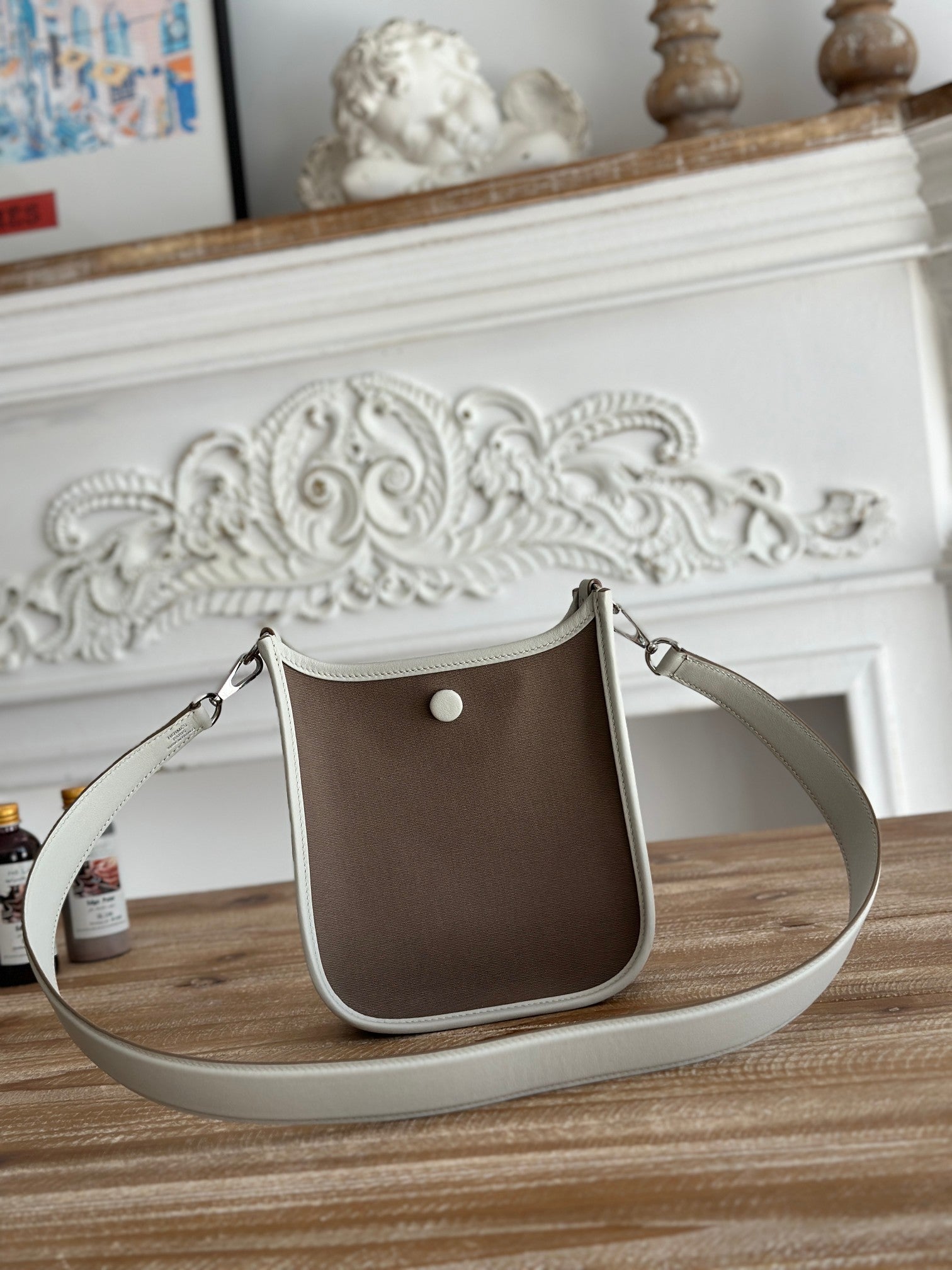 MINI NEO 17 EVELYNE BAG IN WENGE BROWN CANVAS AND WHITE CALFSKIN