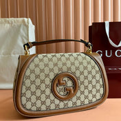 BLONDIE LARGE TOP HANDLE BAG 32 IN BEIGE AND DARK BROWN CANVAS BROWN CALFSKIN