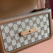 GO SMALL SHOULDER BAG 21.5 IN BEIGE CANVAS BROWN CALFSKIN