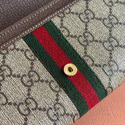 OPHIDIA WALLET ON CHAIN 19 IN BEIGE AND DARK BROWN COATED FABRIC AND BROWN CALFSKIN TRIM