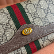 OPHIDIA WALLET ON CHAIN 19 IN BEIGE AND DARK BROWN COATED FABRIC AND BROWN CALFSKIN TRIM