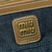 MIUMIU 25S BEAU DENIM BAG 28 IN DARK BLUE DENIM AND BROWN CALFSKIN