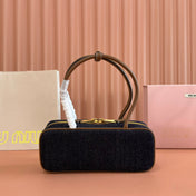 MIUMIU 25S BEAU DENIM BAG 28 IN DARK BLUE DENIM AND BROWN CALFSKIN