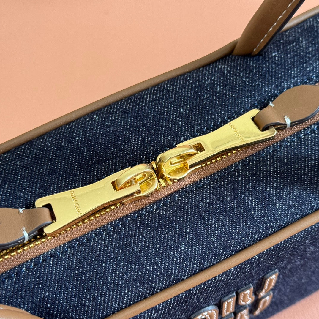 MIUMIU 25S BEAU DENIM BAG 28 IN DARK BLUE DENIM AND BROWN CALFSKIN
