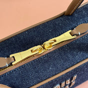 MIUMIU 25S BEAU DENIM BAG 28 IN DARK BLUE DENIM AND BROWN CALFSKIN
