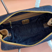 MIUMIU 25S BEAU DENIM BAG 28 IN DARK BLUE DENIM AND BROWN CALFSKIN