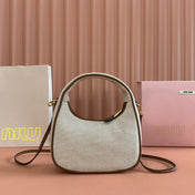 MIUMIU 25S WANDER BAG 20 IN BEIGE CANVAS AND BROWN CALFSKIN