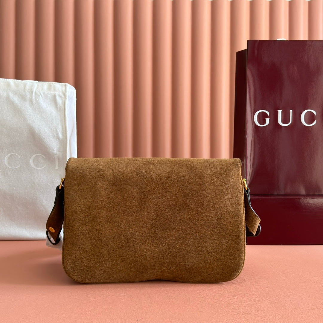 GUCCI 25S HORSEBIT 1955 30 CM IN BROWN SUEDE WITH GOLD HARDWARE