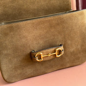 GUCCI 25S HORSEBIT 1955 30 CM IN BROWN SUEDE WITH GOLD HARDWARE