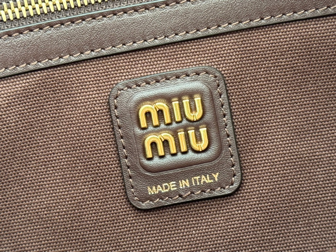 MIUMIU 26S IVY 40 TOTE IN CHOCOLATE BROWN CANVAS AND DARK BROWN CALFSKIN