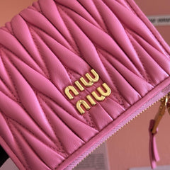 MIUMIU 26S SMALL MATELASSE CARD HOLDER 11 IN PINK CALFSKIN GOLD HARDWARE