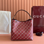 GUCCI 26S GG EMBLEM BUCKET BAG 25 IN DARK RED COATED FABRIC