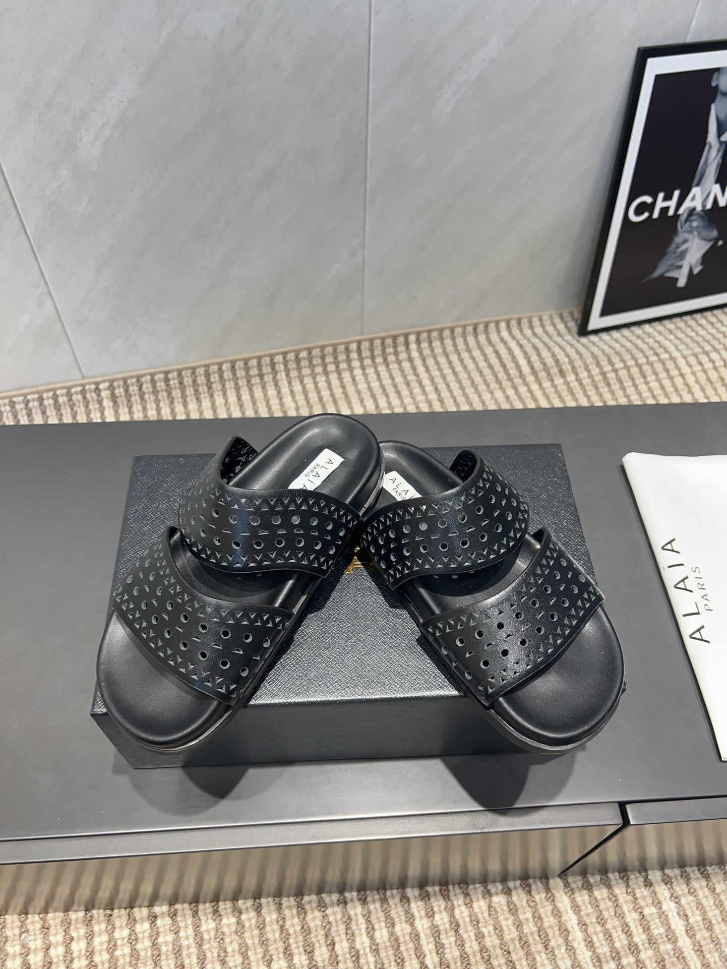 ALAIA CHUNKY TWO-STRAP SLIDES 25S IN BLACK CALFSKIN