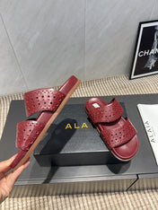 ALAIA CHUNKY TWO-STRAP SLIDES 25S IN DARK RED CALFSKIN