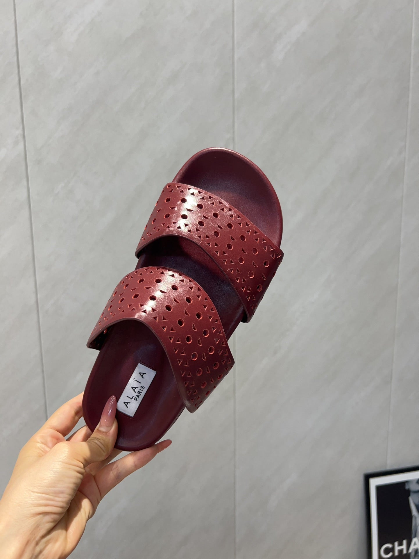 ALAIA CHUNKY TWO-STRAP SLIDES 25S IN DARK RED CALFSKIN