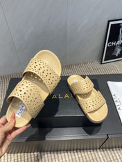 ALAIA CHUNKY TWO-STRAP SLIDES 25S IN BEIGE CALFSKIN