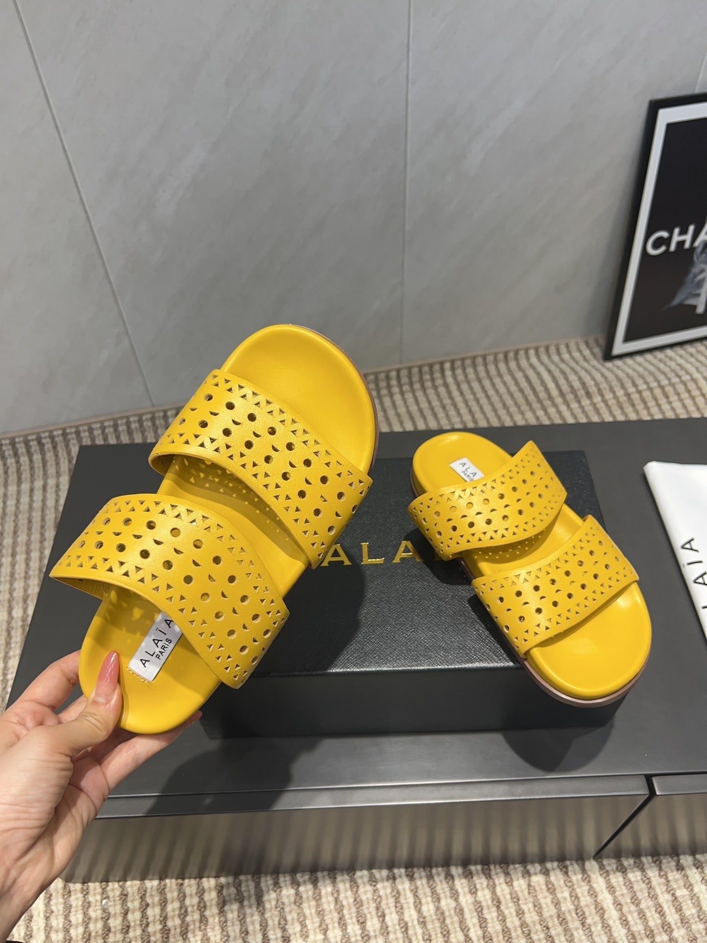 ALAIA CHUNKY TWO-STRAP SLIDES 25S IN YELLOW CALFSKIN