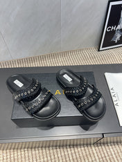 ALAIA DOUBLE-STRAP SANDALS 25S IN BLACK CALFSKIN