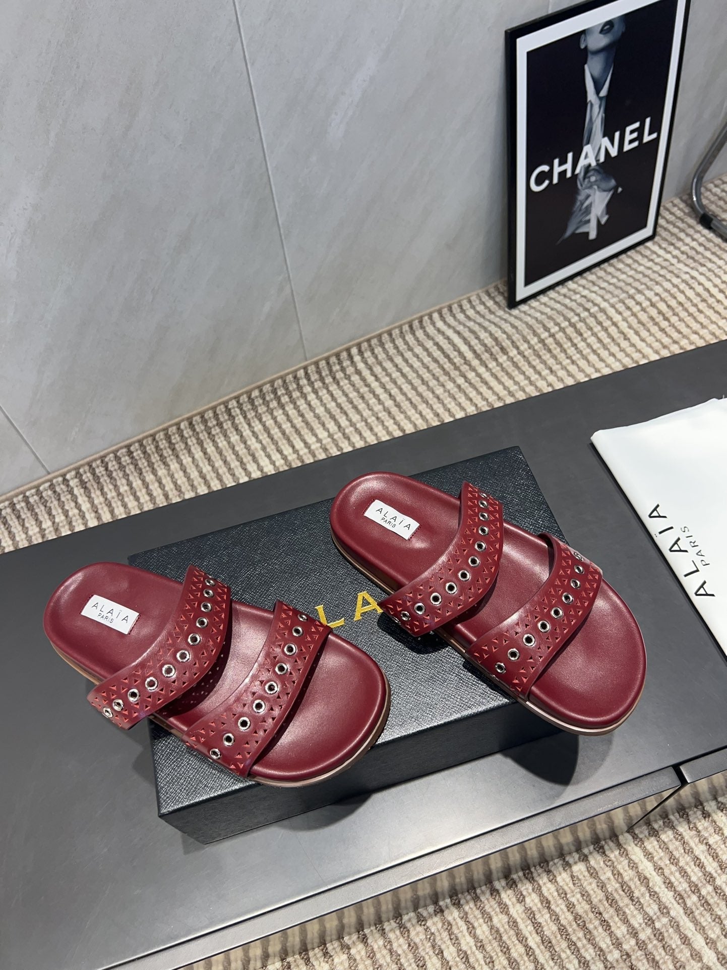 ALAIA DOUBLE-STRAP SANDALS 25S IN DARK RED CALFSKIN