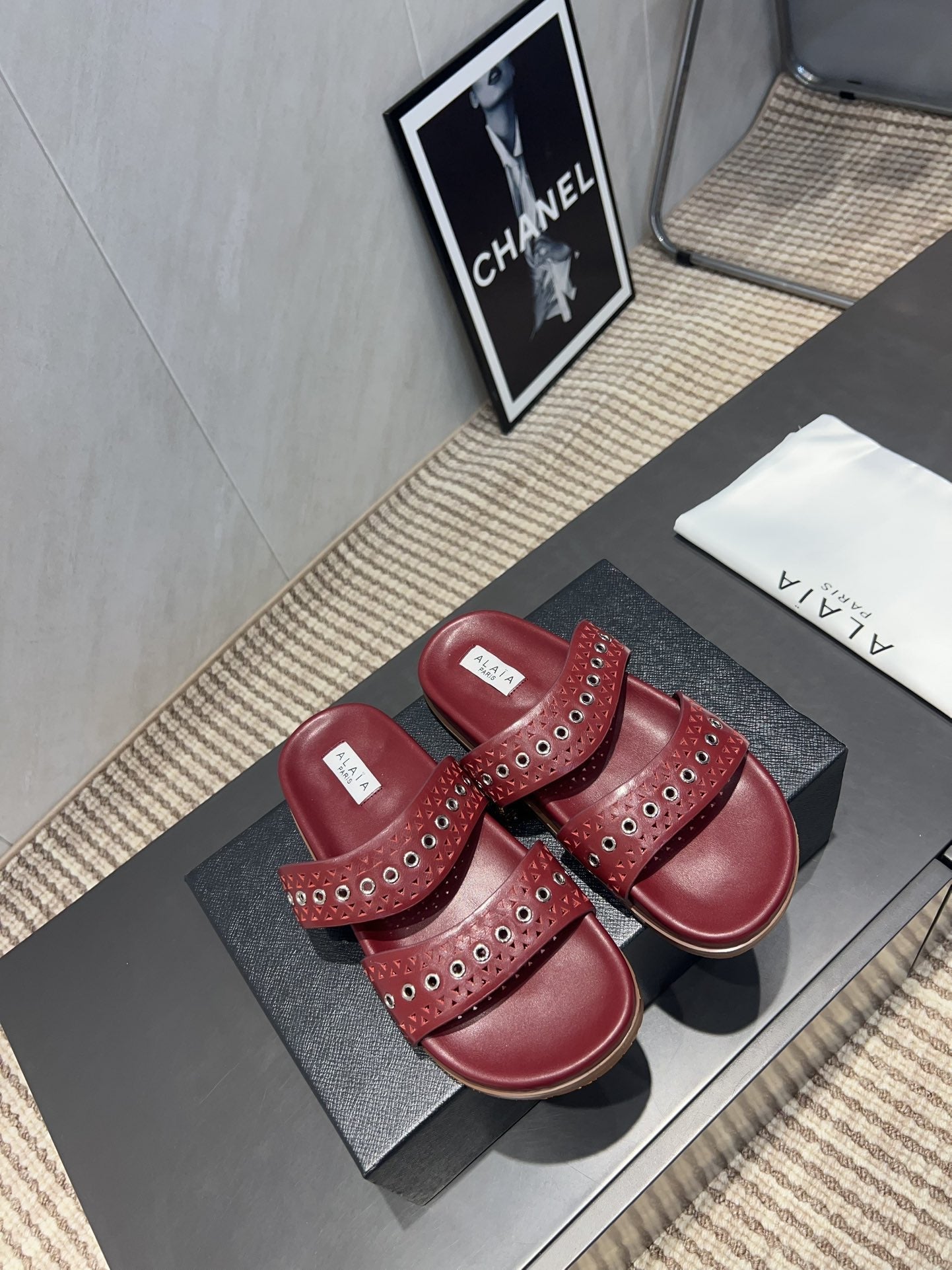 ALAIA DOUBLE-STRAP SANDALS 25S IN DARK RED CALFSKIN