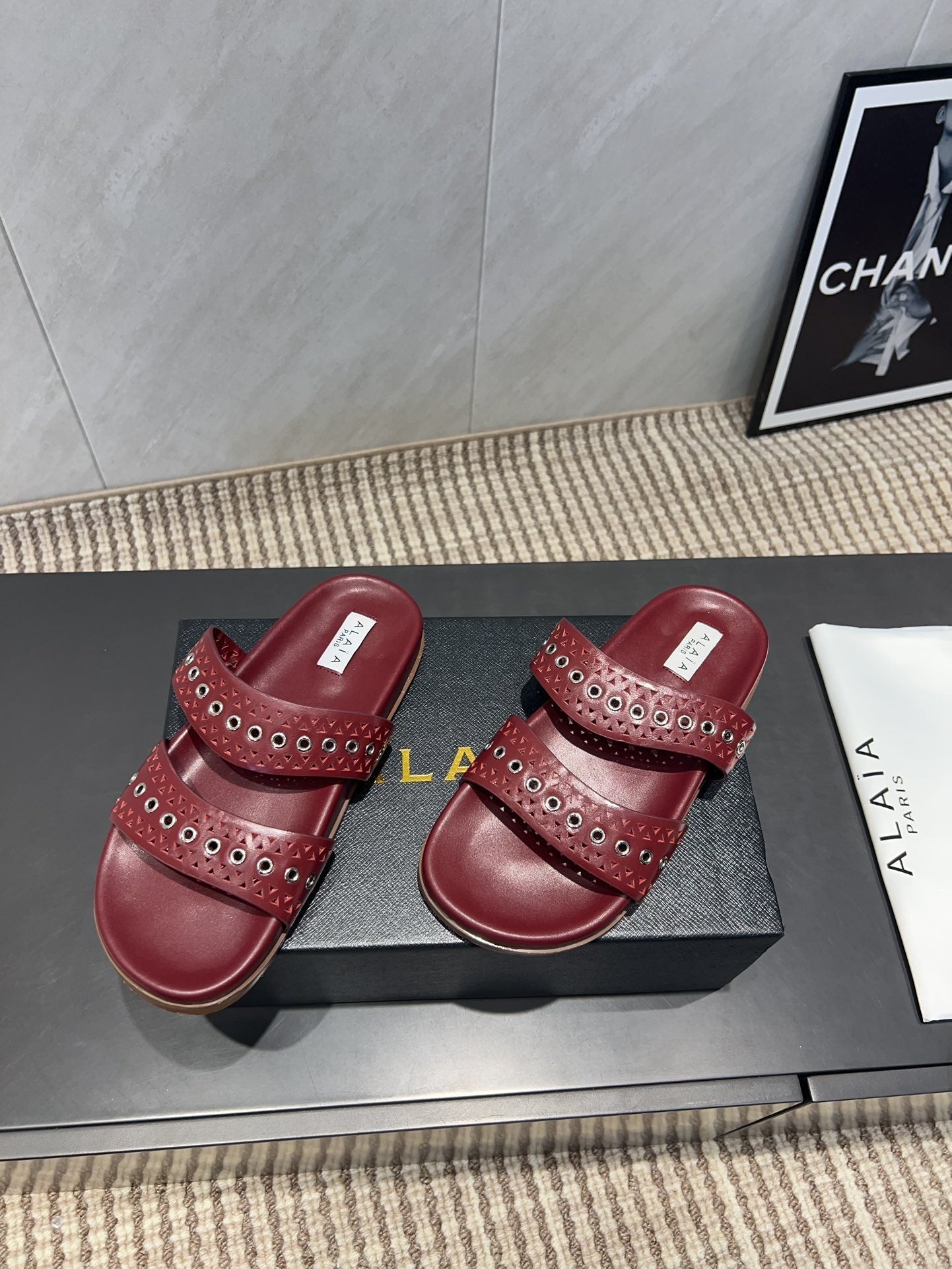 ALAIA DOUBLE-STRAP SANDALS 25S IN DARK RED CALFSKIN