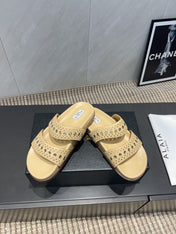 ALAIA DOUBLE-STRAP SANDALS 25S IN BEIGE CALFSKIN