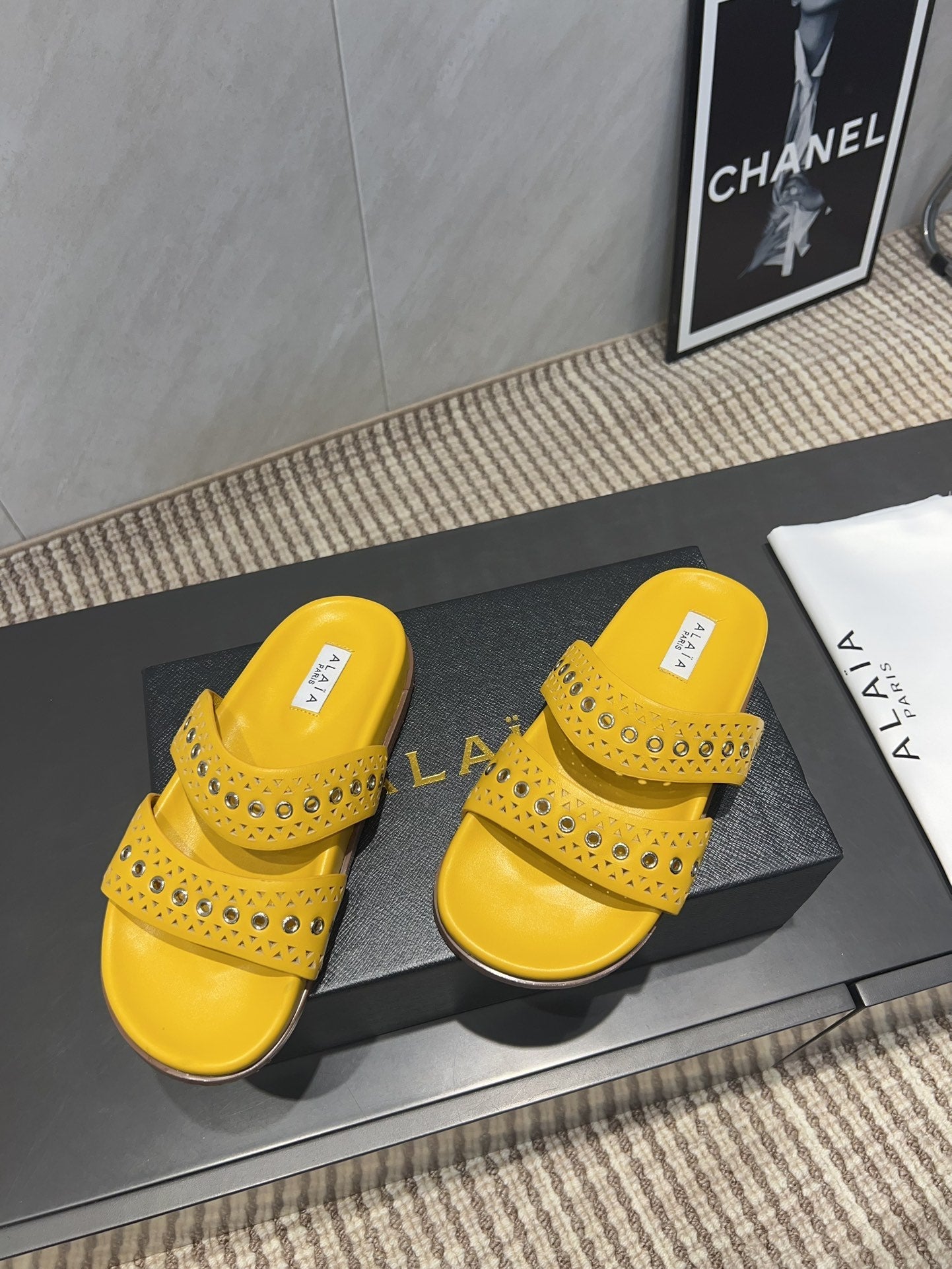 ALAIA DOUBLE-STRAP SANDALS 25S IN YELLOW CALFSKIN