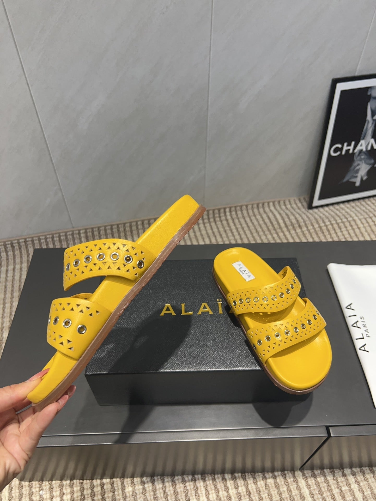 ALAIA DOUBLE-STRAP SANDALS 25S IN YELLOW CALFSKIN