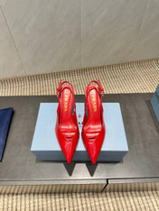 PRADA 26S POINTED TOE SLINGBACK HIGH HEELS 75MM IN BRIGHT RED CALFSKIN