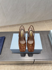PRADA 26S LOW HEEL SQUARE TOE SLINGBACK SHOES 85MM IN CARAMEL BROWN SUEDE