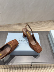 PRADA 26S LOW HEEL SQUARE TOE SLINGBACK SHOES 85MM IN CARAMEL BROWN SUEDE