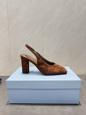 PRADA 26S LOW HEEL SQUARE TOE SLINGBACK SHOES 85MM IN CARAMEL BROWN SUEDE