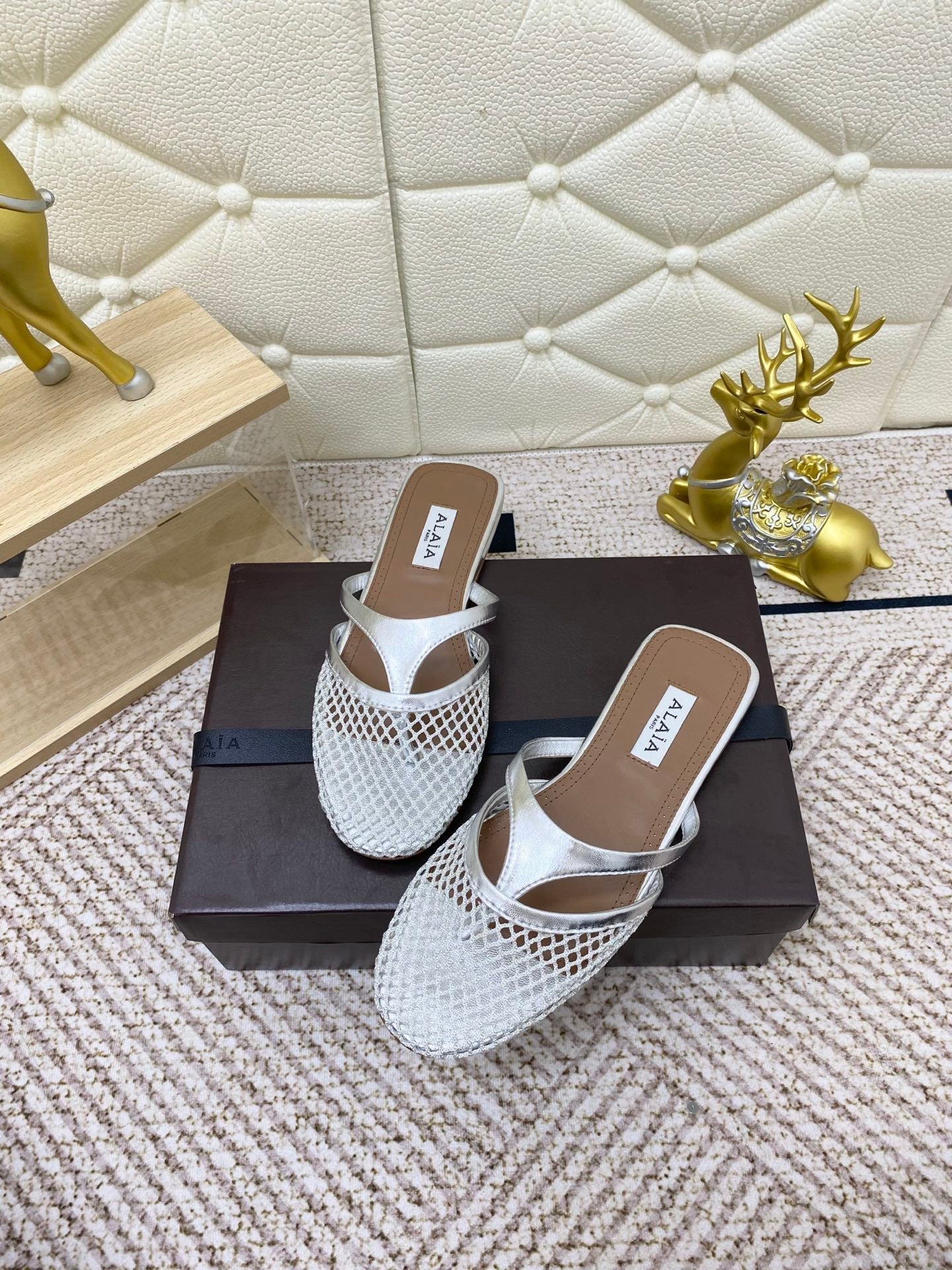 ALAIA BREATHABLE FLAT-TOE MULES 25S IN SILVER CALFSKIN