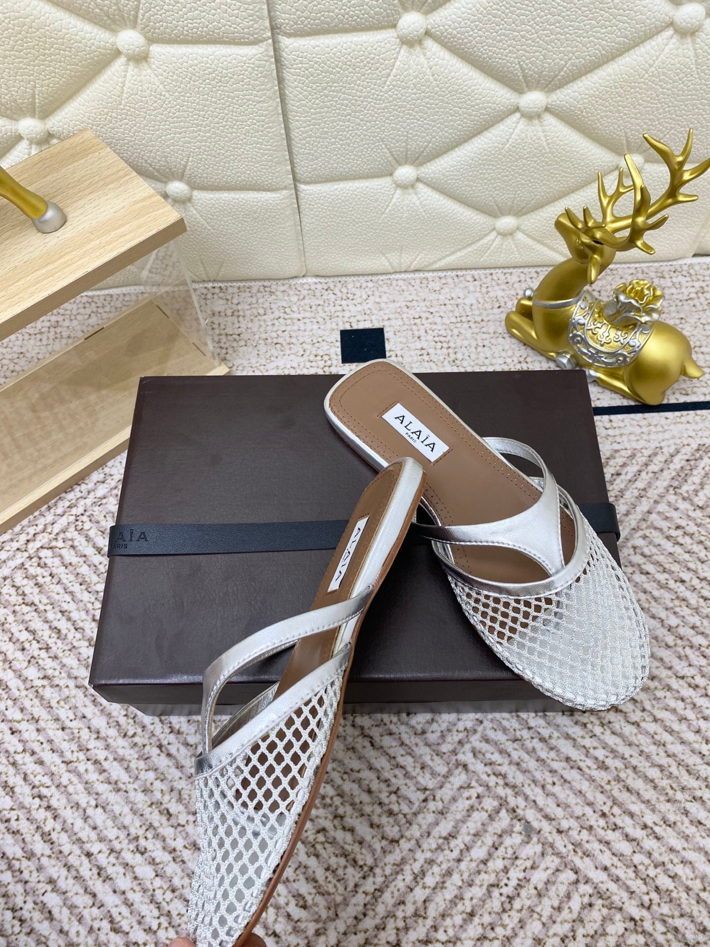 ALAIA BREATHABLE FLAT-TOE MULES 25S IN SILVER CALFSKIN