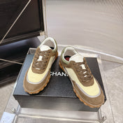 CHANEL 26S LOW TOP SNEAKERS IN BROWN SUEDE AND GREEN FABRIC WITH RUBBER SOLE