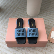 Women's Black Denim Slippers With Azure Blue Straps